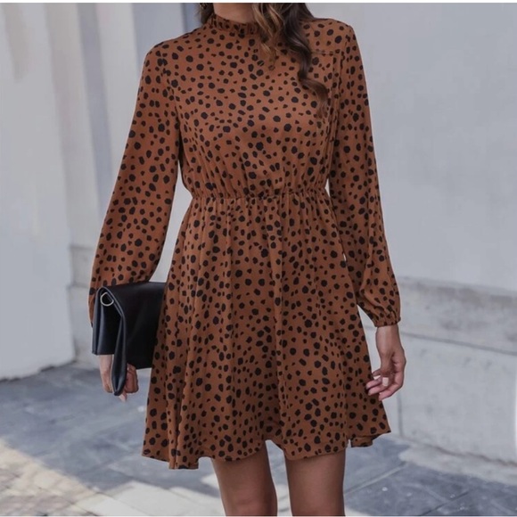 Brown Black Dalmatian Print Mock‎ Neck Long Sleeve Elastic Waist Mini Dress - Picture 2 of 6